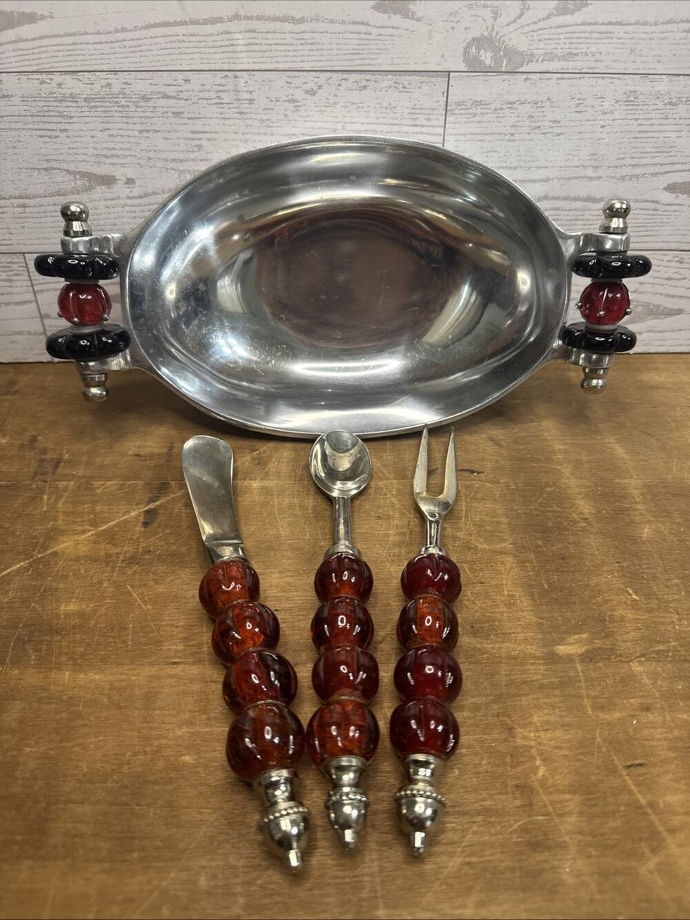 Chrome Silver Small Serving Bowl & Cheeseboard Utensils, w/ Amber Red Handles